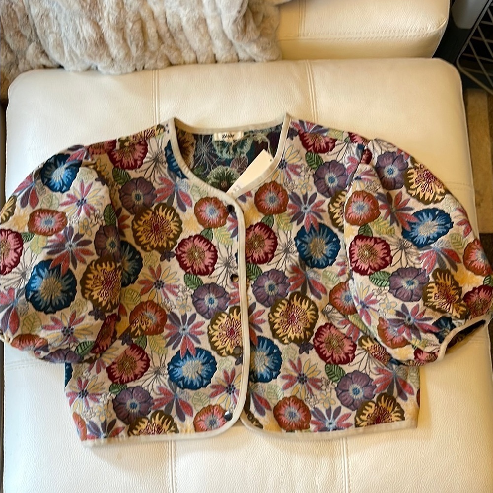 Blue Velvet Floral Crop Puff Sleeve Jacket - Picture 2 of 9